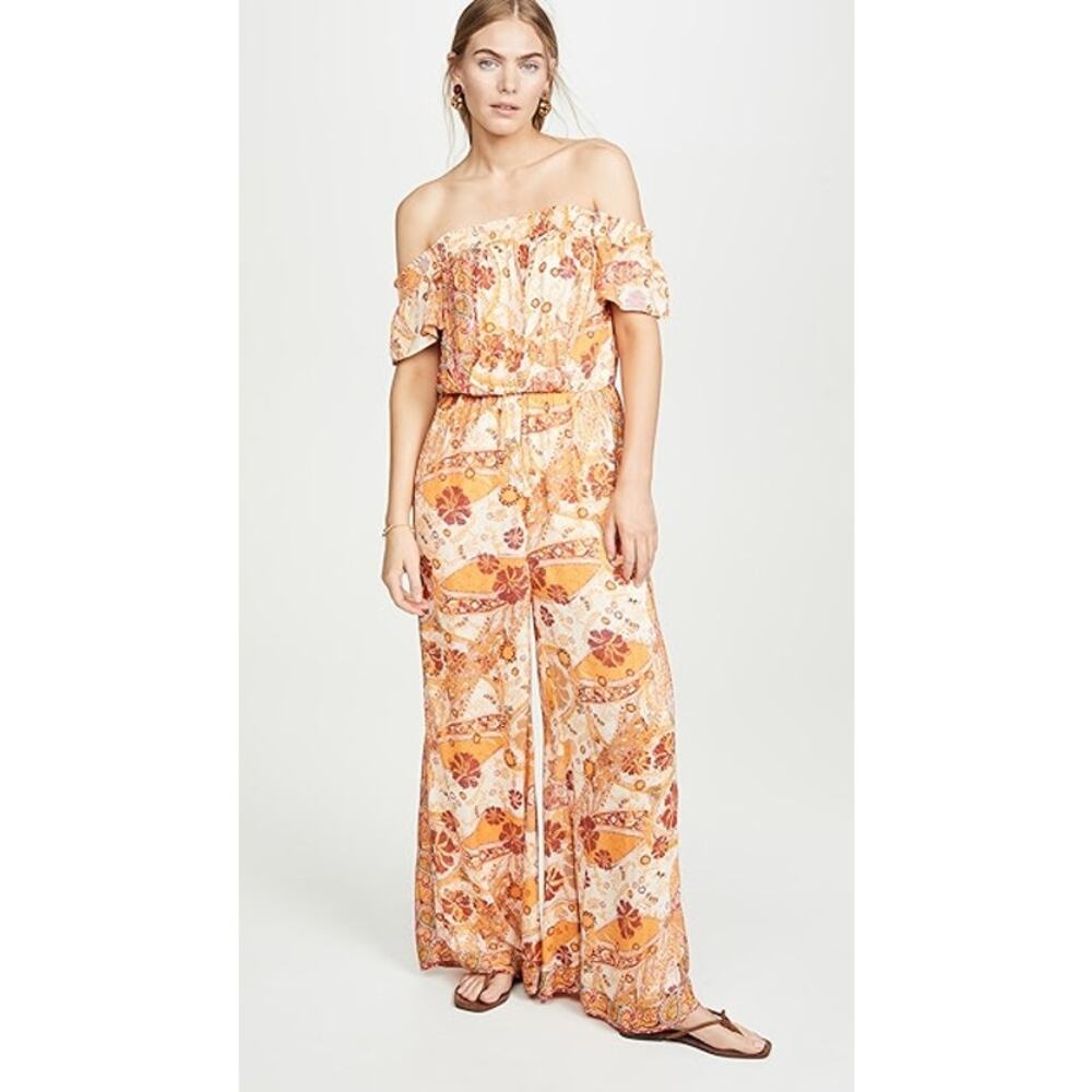Free People Carmen Off The‎ Shoulder Floral Jumpsuit Wide Leg Boho Orange XS
